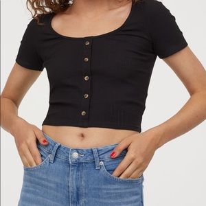 H&M Ribbed Faux Button Crop Top Black Size Medium